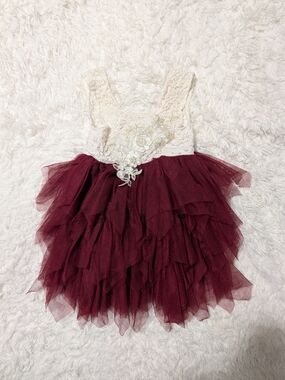 Girls Formal Lace & Tulle Dress in Ivory and Burgundy